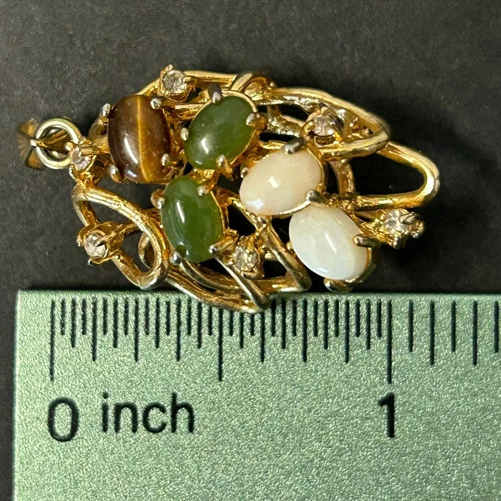 Pendant Women Gold Filigree Simulated Tiger Eye, Jade, and Opal Rhinestone